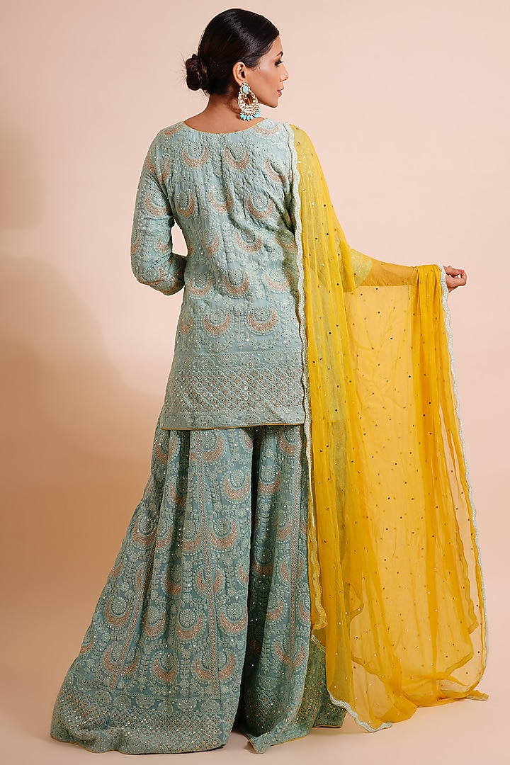 Mint Green Georgette Wedding Sharara Set by Farha Syed at Pernia's Pop Up Shop