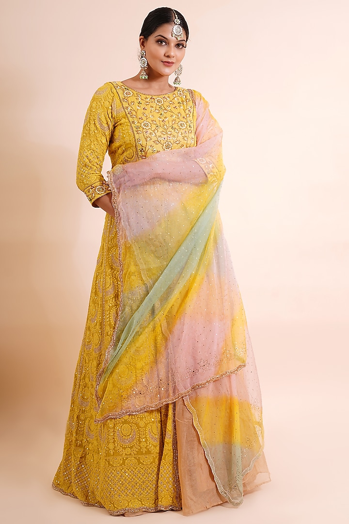 Mustard Yellow Embroidered Anarkali Set by Farha Syed at Pernia's Pop Up Shop