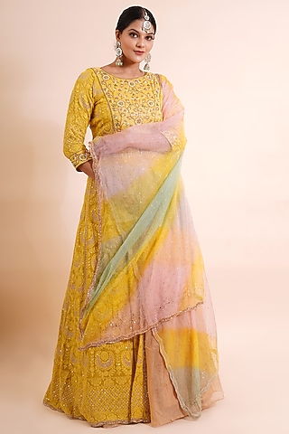Mustard Yellow Embroidered Anarkali Set by Farha Syed