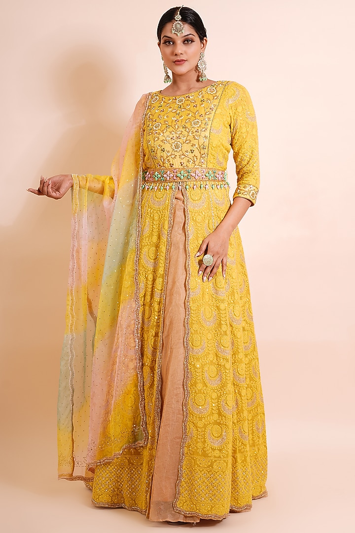 Mustard Yellow Embroidered Wedding Anarkali Set by Farha Syed at Pernia's Pop Up Shop