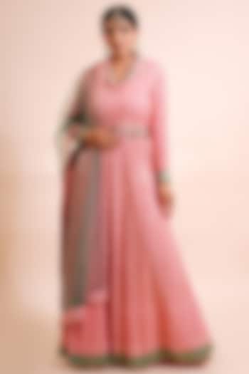 Rose Pink Embroidered Anarkali With Dupatta & Belt by Farha Syed
