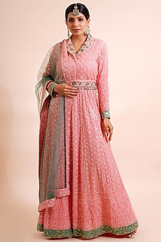 Rose Pink Embroidered Anarkali With Dupatta & Belt by Farha Syed