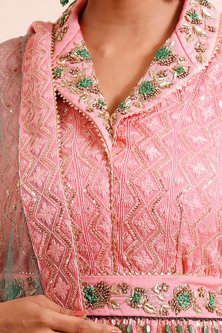 Rose Pink Embroidered Wedding Anarkali With Dupatta & Belt by Farha Syed at Pernia's Pop Up Shop