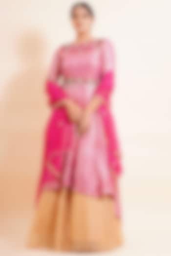 Punch Pink Embroidered Anarkali Set by Farha Syed