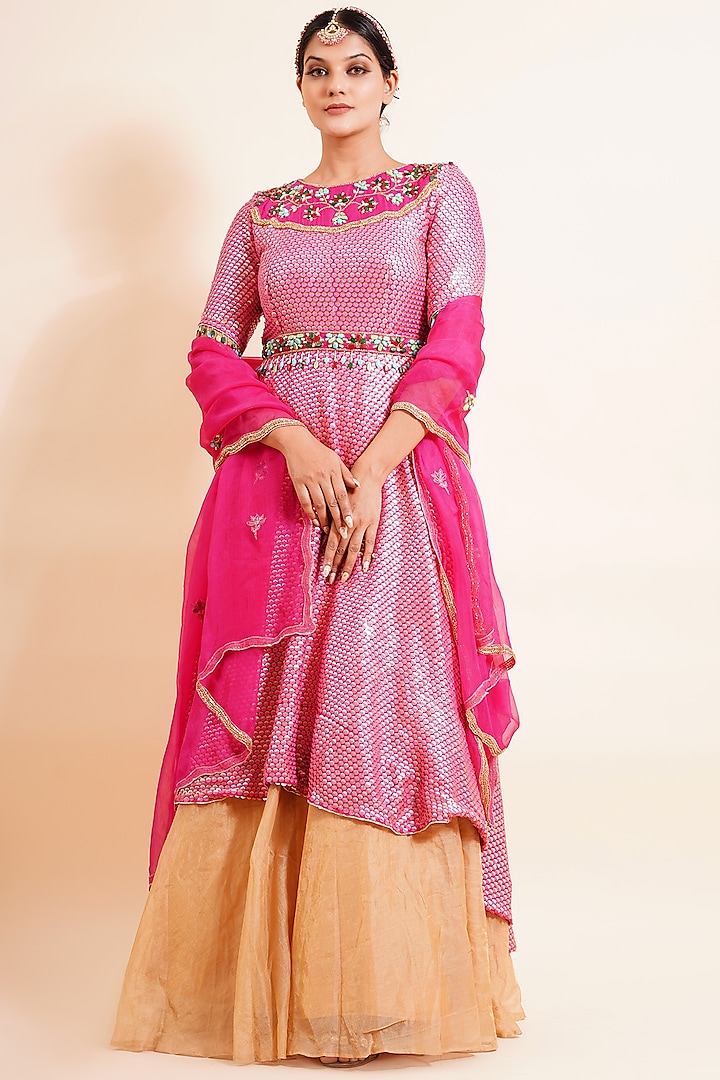Punch Pink Embroidered Anarkali Set by Farha Syed