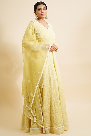 Lemon Yellow Embroidered Anarkali With Dupatta by Farha Syed