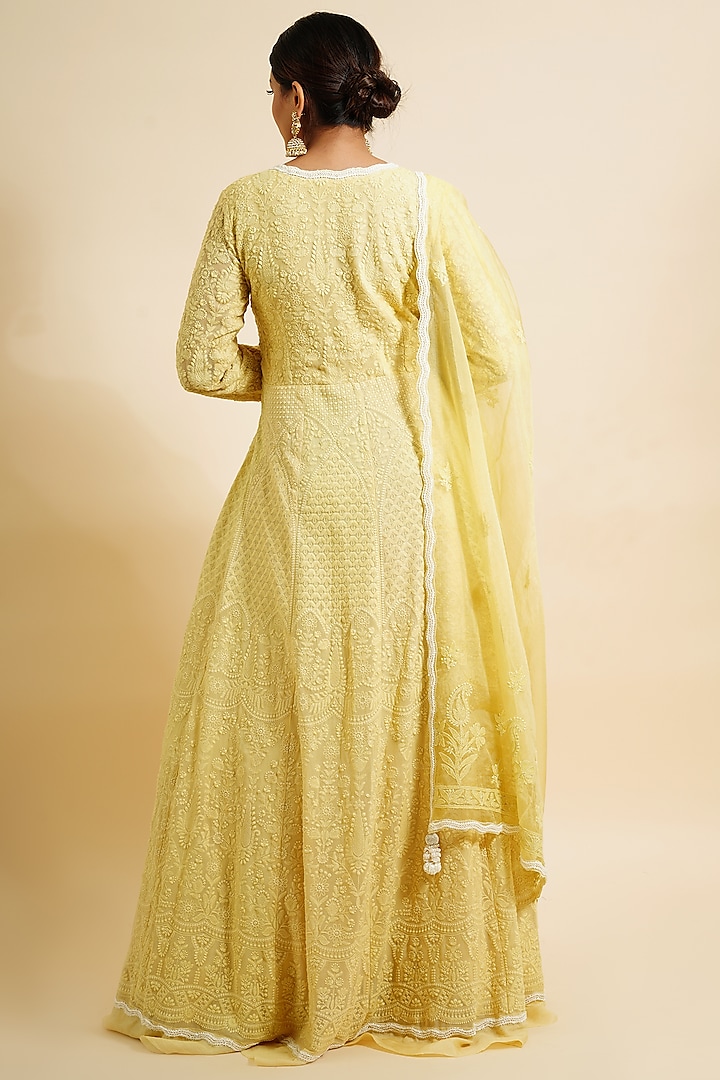 Lemon Yellow Embroidered Wedding Anarkali With Dupatta by Farha Syed at Pernia's Pop Up Shop