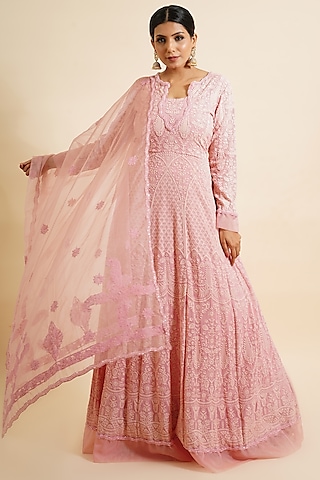 Watermelon Pink Embroidered Anarkali With Dupatta by Farha Syed