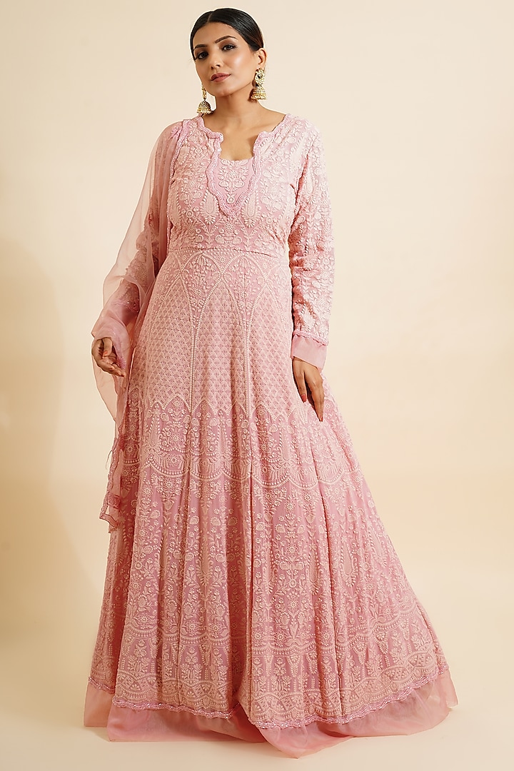 Watermelon Pink Embroidered Anarkali With Dupatta by Farha Syed at ...