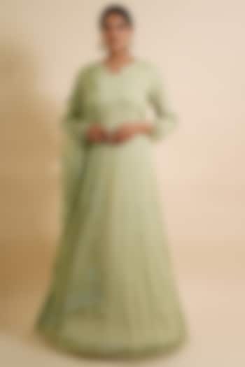Tea Green Embroidered Wedding Anarkali With Dupatta by Farha Syed at Pernia's Pop Up Shop
