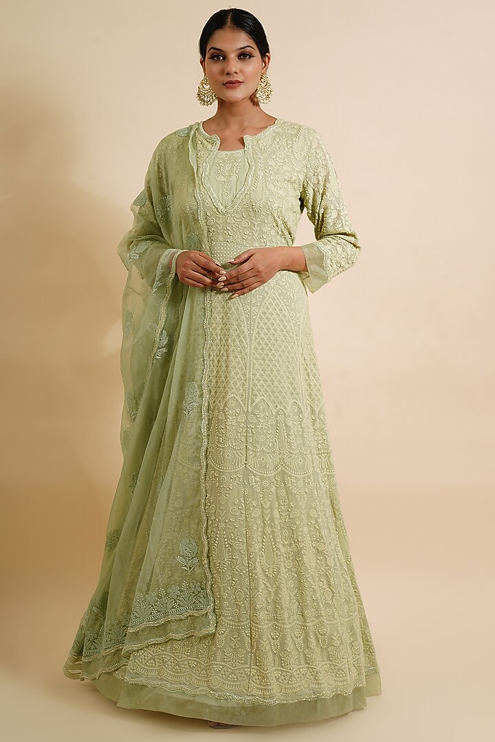 Tea Green Embroidered Wedding Anarkali With Dupatta by Farha Syed at Pernia's Pop Up Shop