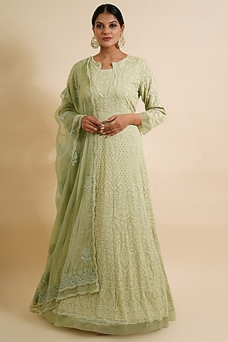 Tea Green Embroidered Anarkali With Dupatta by Farha Syed