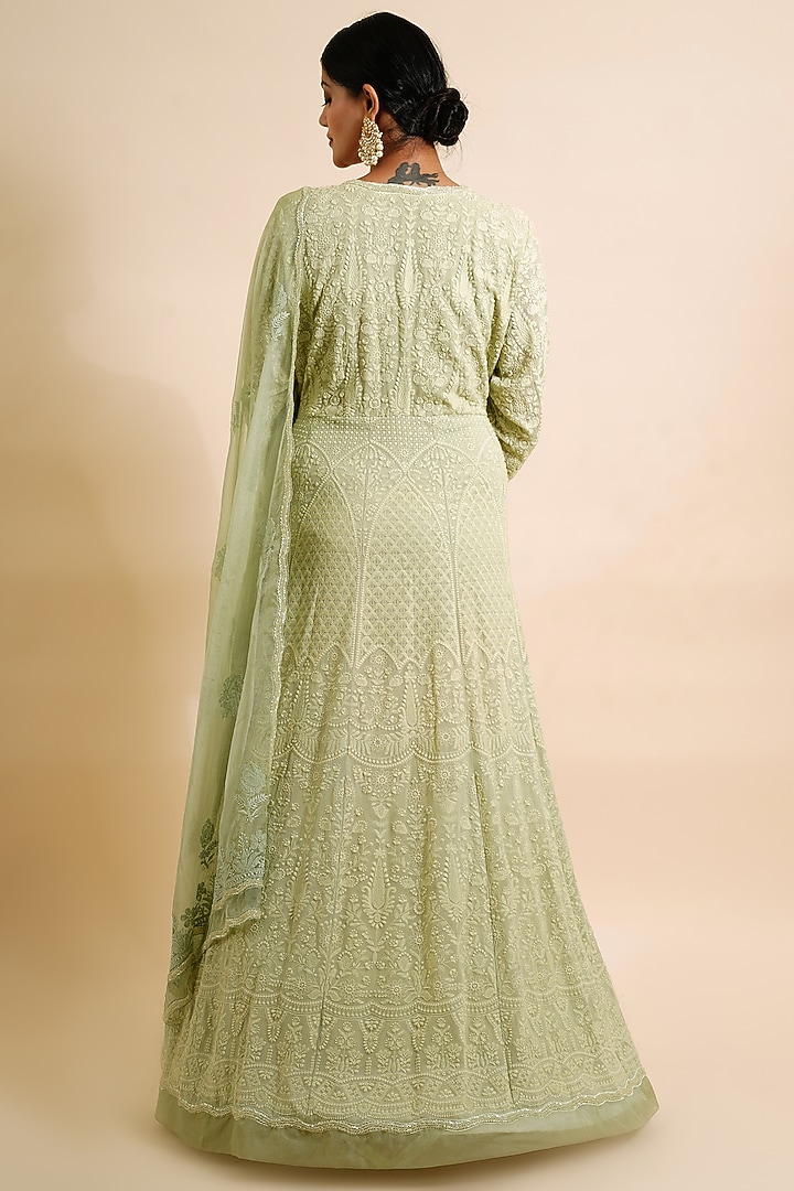 Tea Green Embroidered Wedding Anarkali With Dupatta by Farha Syed at Pernia's Pop Up Shop