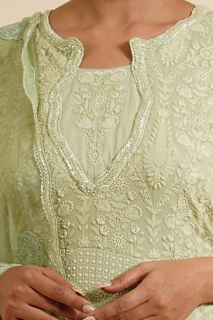 Tea Green Embroidered Wedding Anarkali With Dupatta by Farha Syed at Pernia's Pop Up Shop