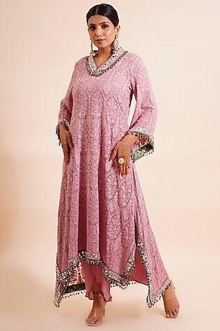 Carnation Pink Embroidered Kurta Set by Farha Syed