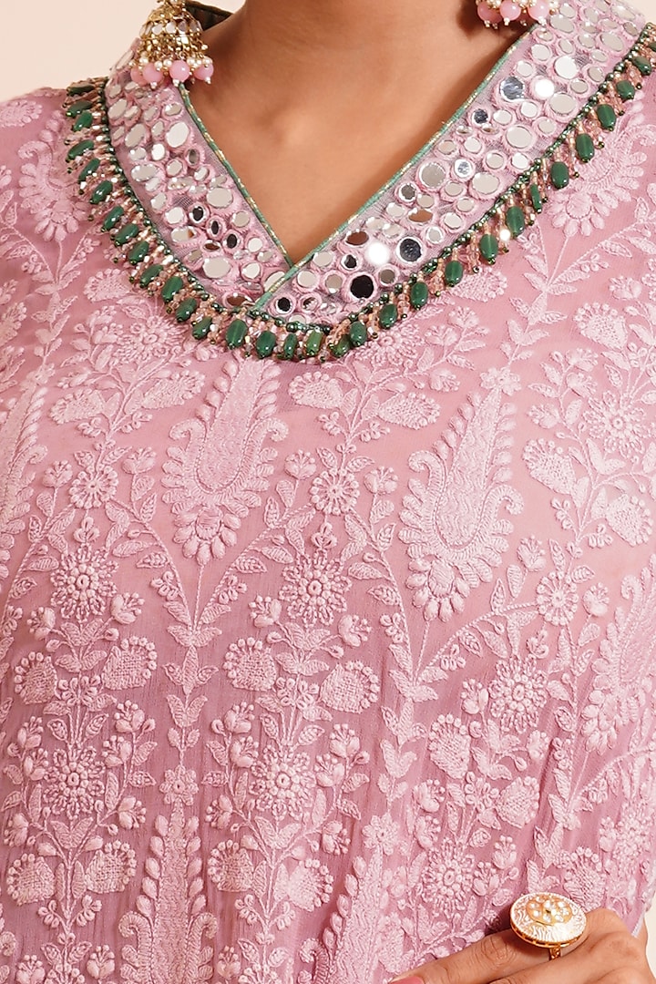 Carnation Pink Embroidered Kurta Set by Farha Syed at Pernia's Pop Up Shop