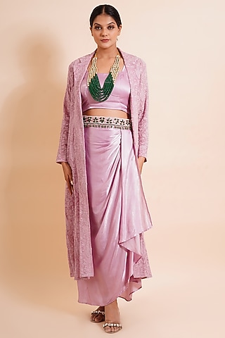 Crepe Pink Modal Satin Drape Skirt Set by Farha Syed