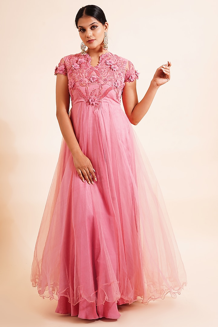 Rouge Pink Embroidered Gown by Farha Syed at Pernia's Pop Up Shop