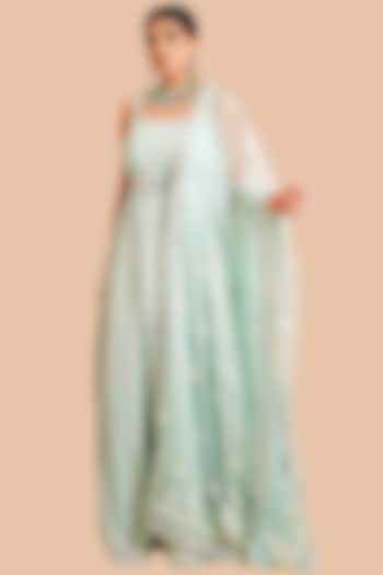 Pistachio Green Embroidered Wedding Anarkali With Dupatta & Belt by Farha Syed at Pernia's Pop Up Shop