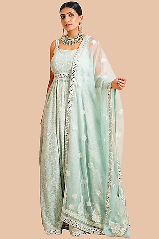 Pistachio Green Embroidered Anarkali With Dupatta & Belt by Farha Syed