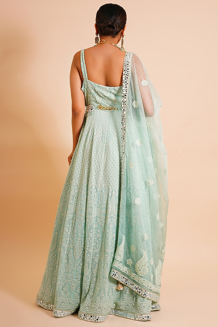 Pistachio Green Embroidered Wedding Anarkali With Dupatta & Belt by Farha Syed at Pernia's Pop Up Shop