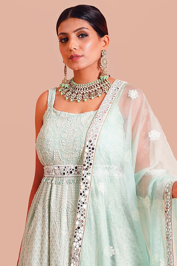 Pistachio Green Embroidered Wedding Anarkali With Dupatta & Belt by Farha Syed at Pernia's Pop Up Shop