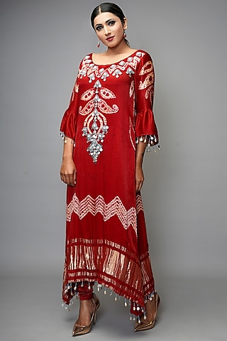 Crimson Red Embroidered Kurta by Farha Syed