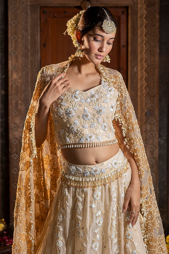 Ivory & Golden Chanderi Silk Tissue Applique Embroidered Wedding Lehenga Set by Farha Syed at Pernia's Pop Up Shop