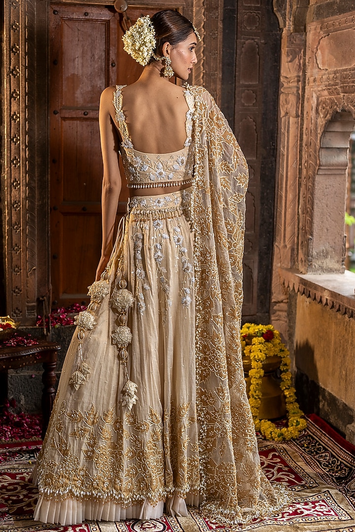 Ivory & Golden Chanderi Silk Tissue Applique Embroidered Wedding Lehenga Set by Farha Syed at Pernia's Pop Up Shop