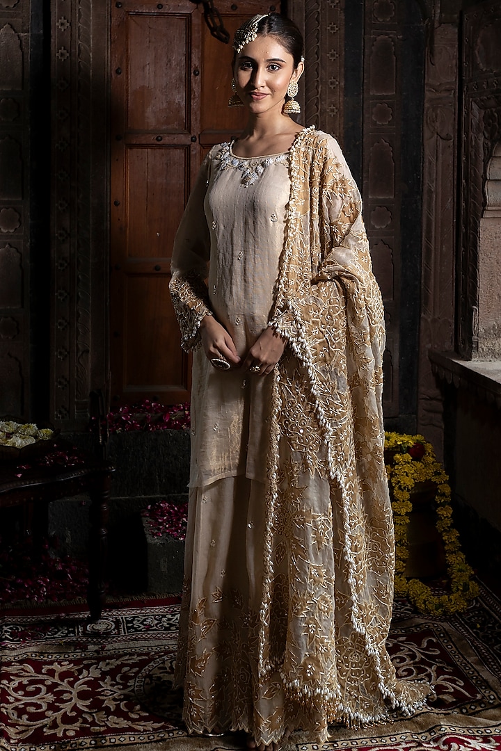 Ivory & Golden Chanderi Silk Tissue Sharara Set by Farha Syed at Pernia's Pop Up Shop