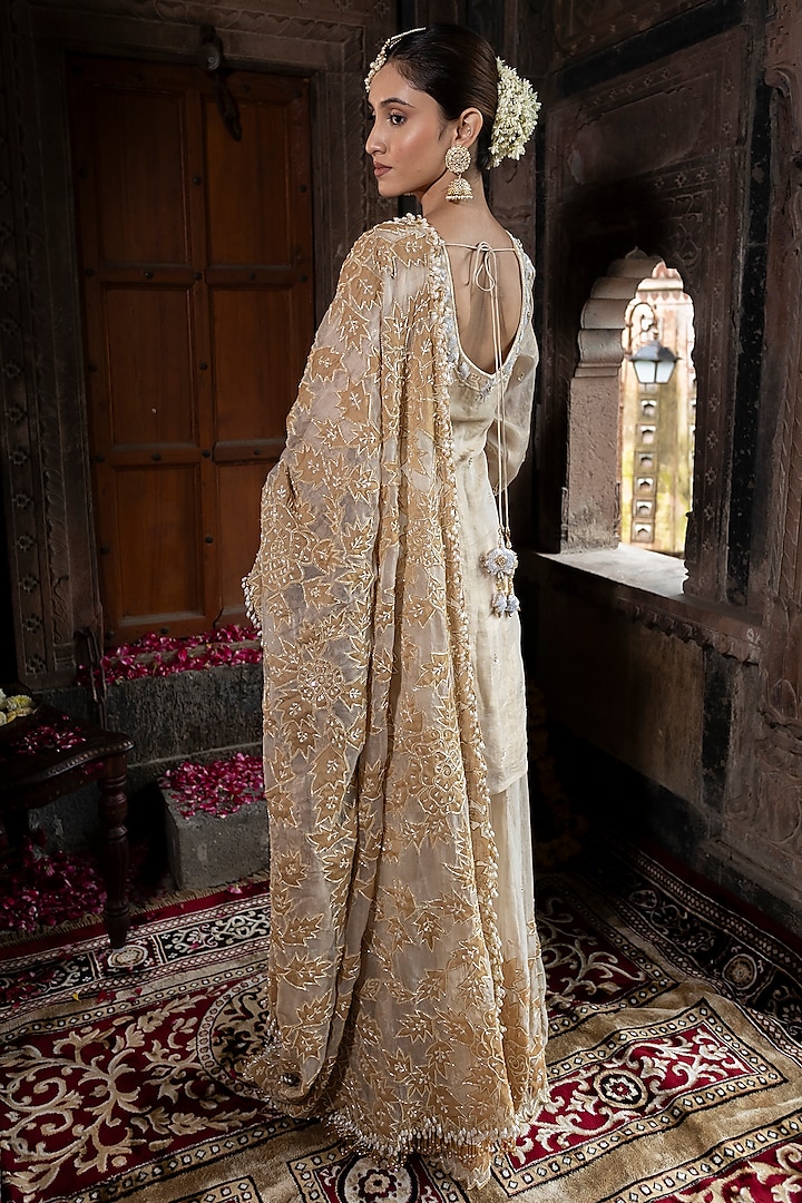 Ivory & Golden Chanderi Silk Tissue Bridal Sharara Set by Farha Syed at Pernia's Pop Up Shop