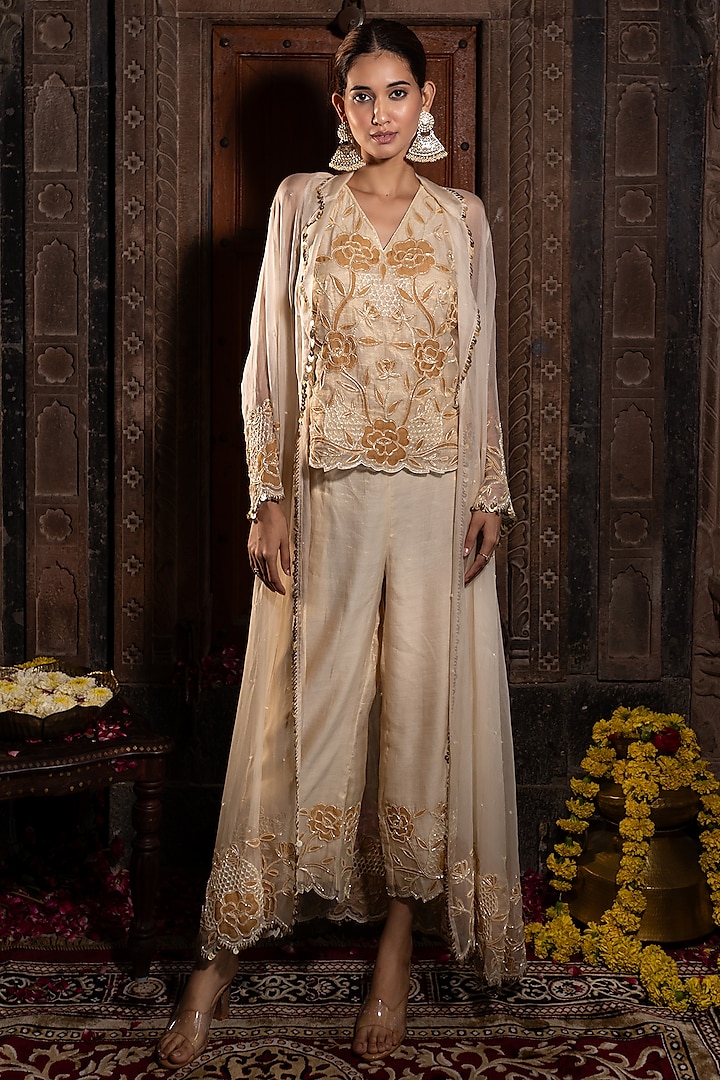 Ivory & Golden Organza Cutdana Hand Embroidered Jacket Set by Farha Syed at Pernia's Pop Up Shop