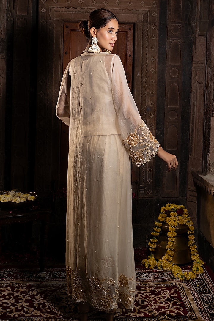 Ivory & Golden Organza Cutdana Hand Embroidered Jacket Set by Farha Syed at Pernia's Pop Up Shop