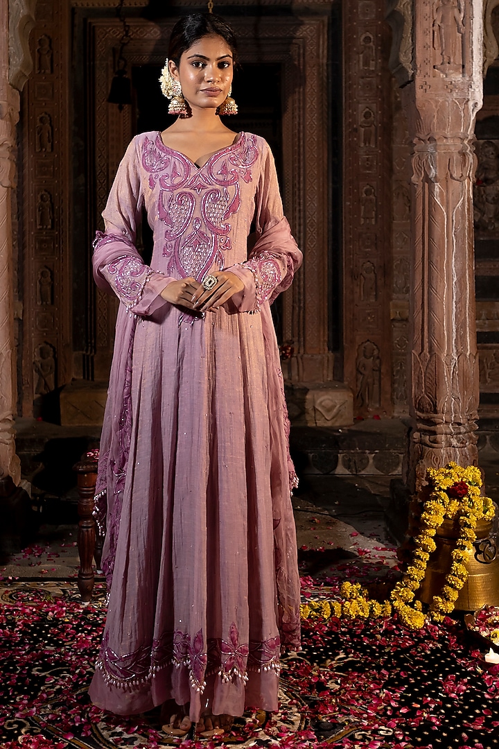 Lavender & Pink Chanderi Silk Tissue Cutdana Embroidered Anarkali Set by Farha Syed at Pernia's Pop Up Shop