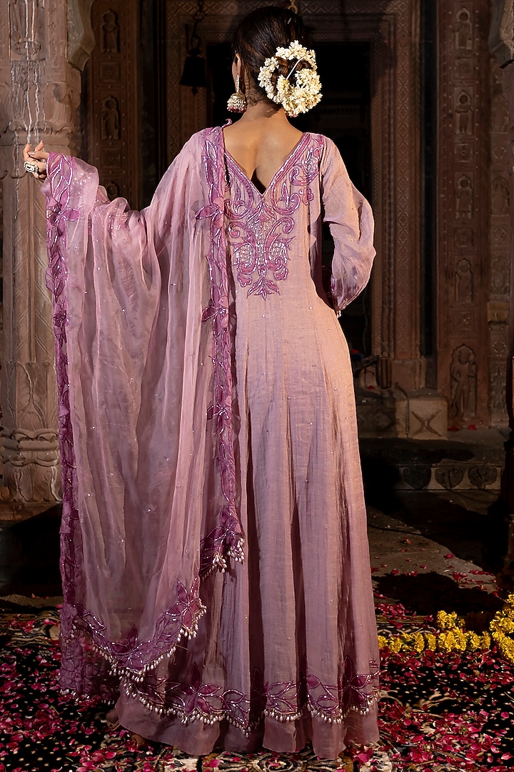 Lavender & Pink Chanderi Silk Tissue Cutdana Embroidered Wedding Anarkali Set by Farha Syed at Pernia's Pop Up Shop