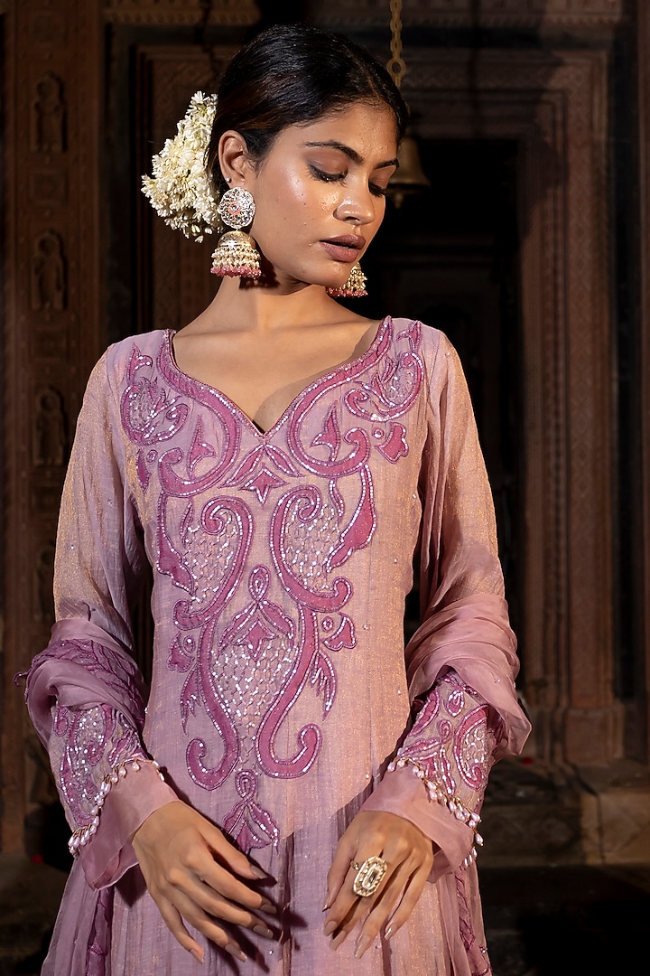 Lavender & Pink Chanderi Silk Tissue Cutdana Embroidered Wedding Anarkali Set by Farha Syed at Pernia's Pop Up Shop