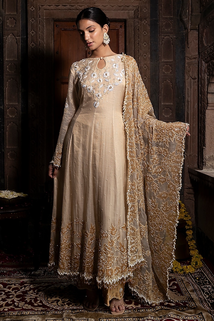 Ivory & Golden Chanderi Silk Tissue Cutdana Embroidered Anarkali Set by Farha Syed at Pernia's Pop Up Shop