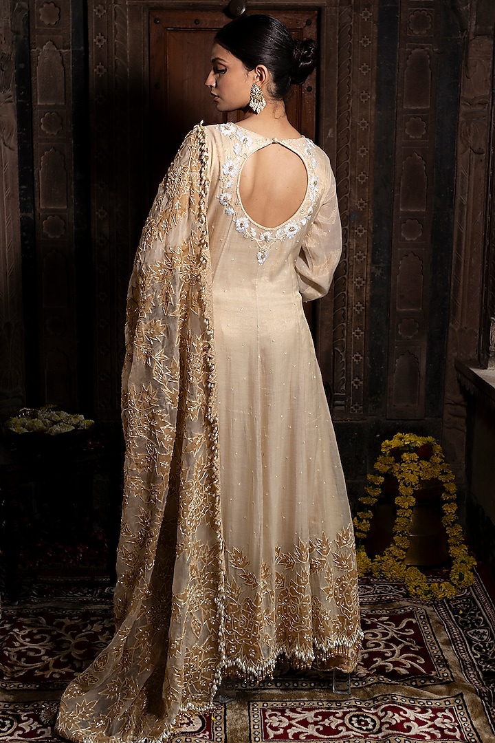 Ivory & Golden Chanderi Silk Tissue Cutdana Embroidered Bridal Anarkali Set by Farha Syed at Pernia's Pop Up Shop