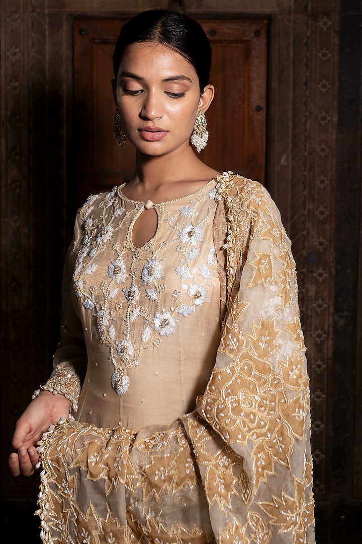 Ivory & Golden Chanderi Silk Tissue Cutdana Embroidered Bridal Anarkali Set by Farha Syed at Pernia's Pop Up Shop
