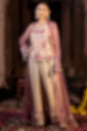 Ivory & Lavender Pink Organza Cutdana Hand Embroidered Jacket Set by Farha Syed at Pernia's Pop Up Shop