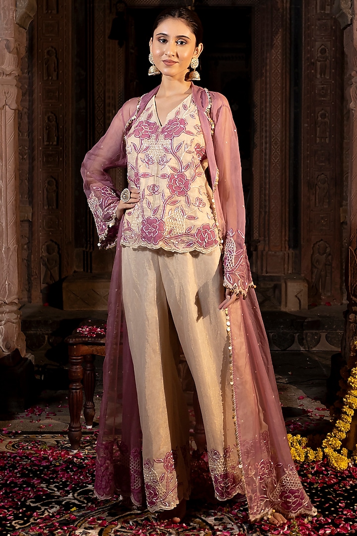 Ivory & Lavender Pink Organza Cutdana Hand Embroidered Jacket Set by Farha Syed at Pernia's Pop Up Shop