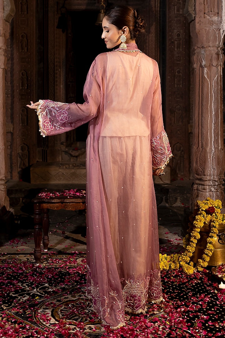 Ivory & Lavender Pink Organza Cutdana Hand Embroidered Jacket Set by Farha Syed at Pernia's Pop Up Shop