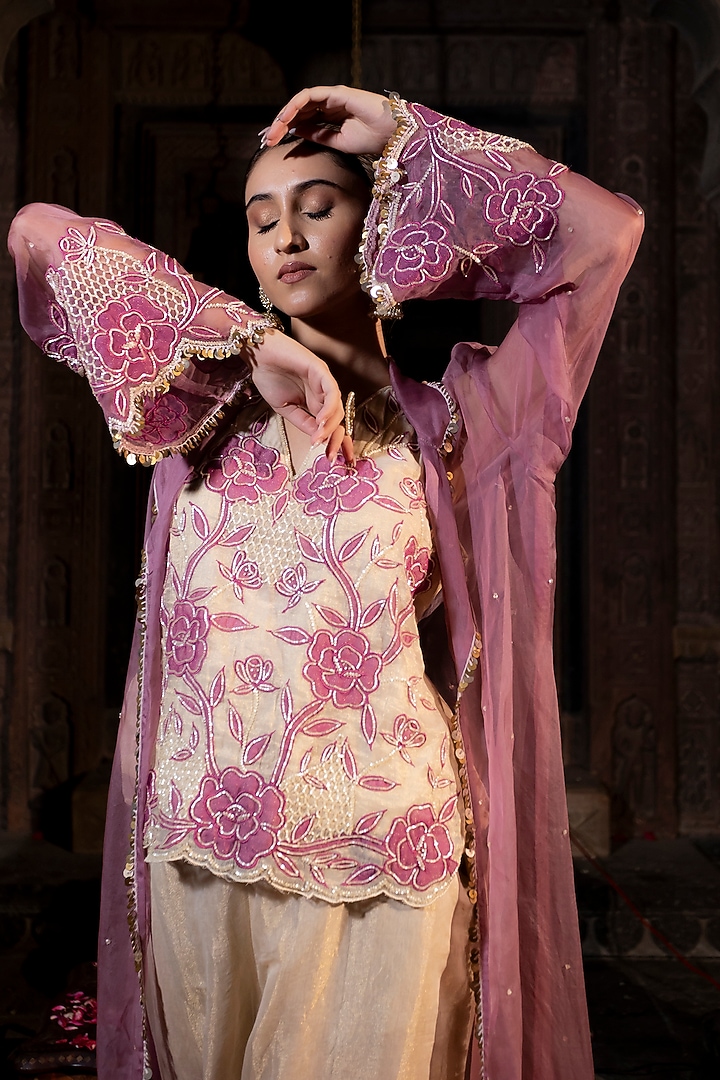 Ivory & Lavender Pink Organza Cutdana Hand Embroidered Jacket Set by Farha Syed at Pernia's Pop Up Shop