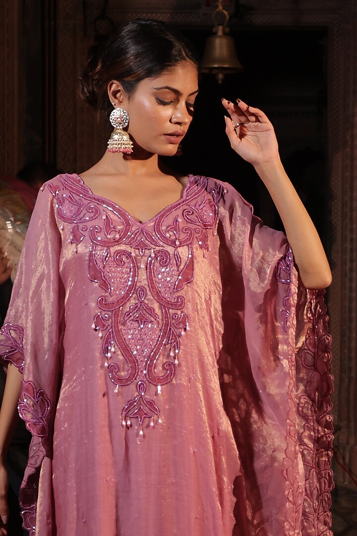 Lavender & Pink Chanderi Silk Tissue Applique Embroidered Kaftan by Farha Syed at Pernia's Pop Up Shop