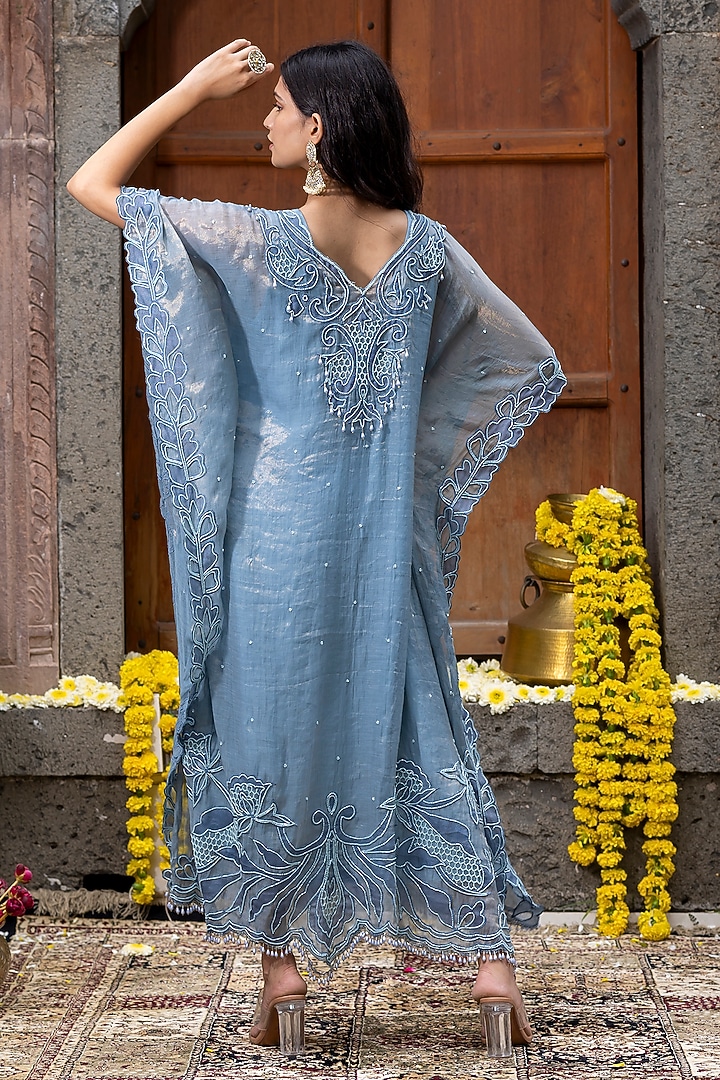 Blue Shaded Chanderi Silk Tissue Applique Embroidered Kaftan by Farha Syed at Pernia's Pop Up Shop