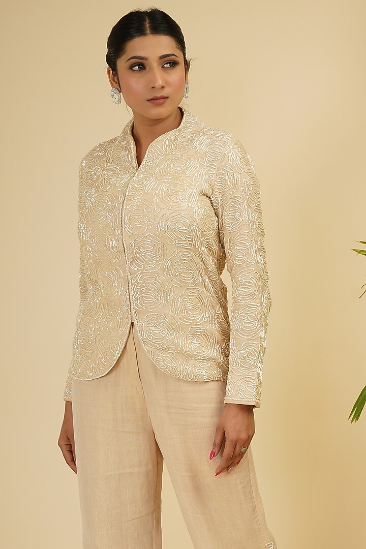 Ivory Gold Embroidered Jacket Set by Farha Syed at Pernia's Pop Up Shop