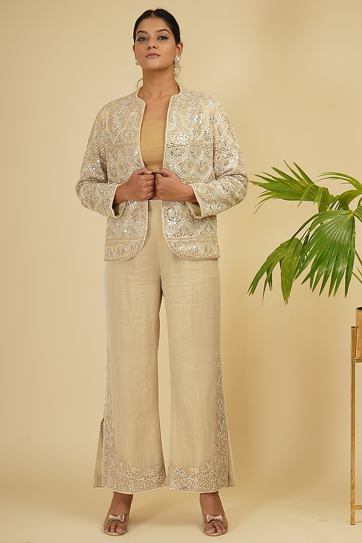Ivory Gold Hand Embroidered Jacket Set by Farha Syed