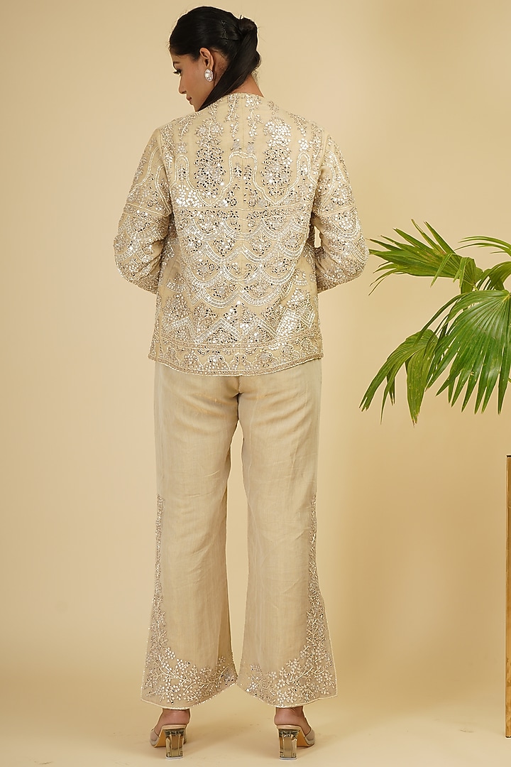 Ivory Gold Hand Embroidered Jacket Set by Farha Syed at Pernia's Pop Up Shop