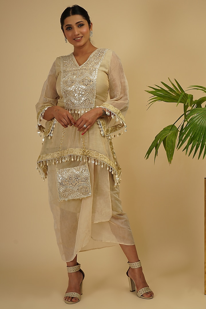 Ivory Soft Tissue & Banarasi Draped Skirt Set by Farha Syed