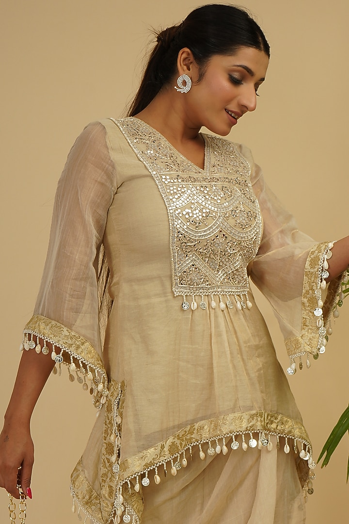 Ivory Soft Tissue & Banarasi Draped Skirt Set by Farha Syed at Pernia's Pop Up Shop